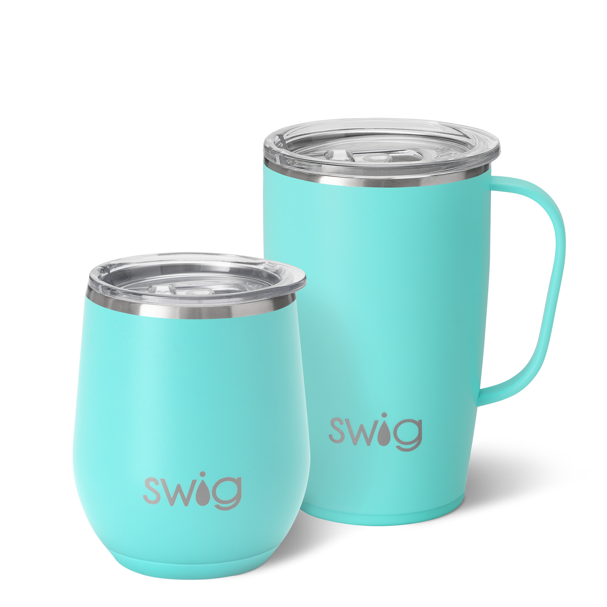 Swig Life Aqua AM+PM Set including a 12oz Aqua Stemless Wine Cup and an 18oz Aqua Travel Mug