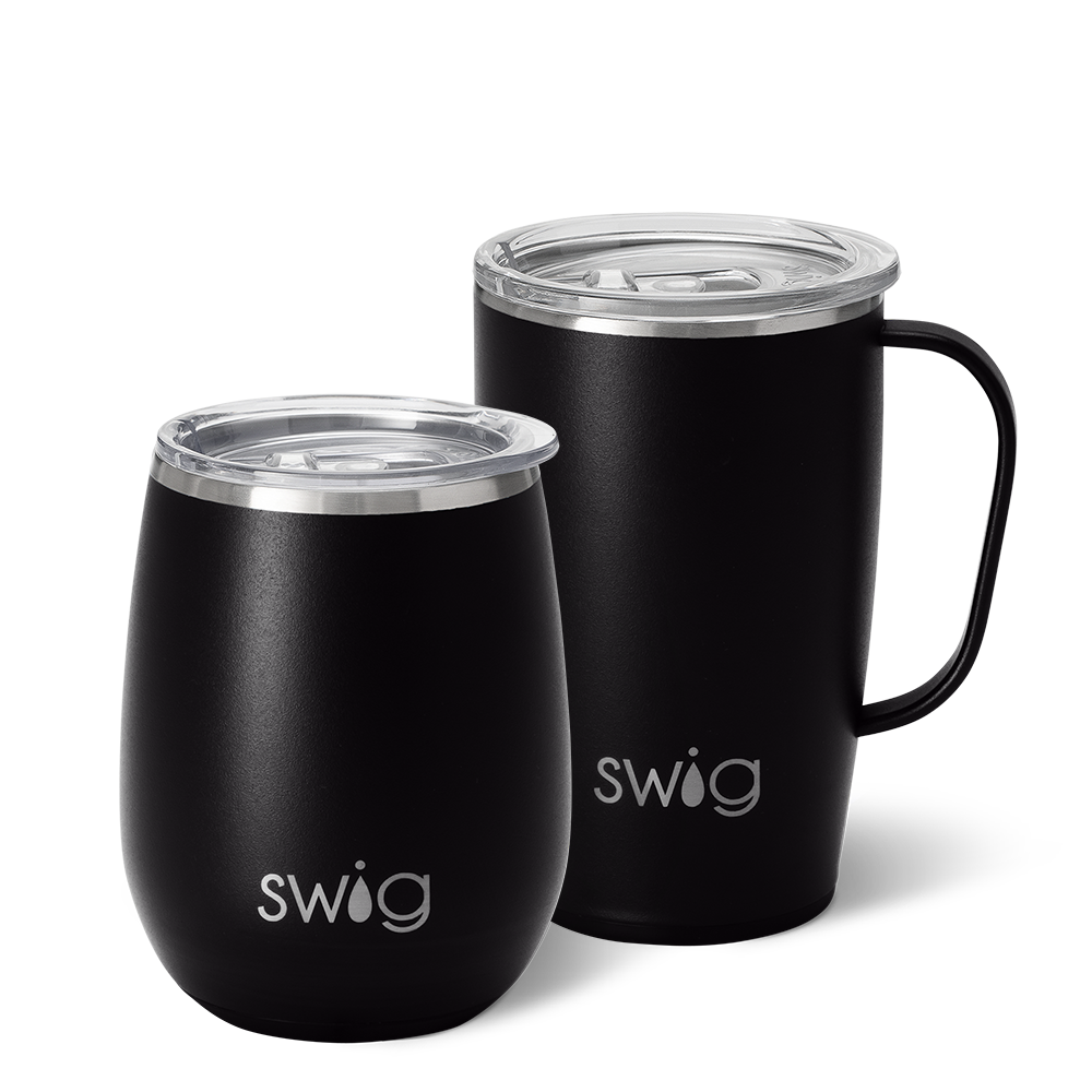 Swig Life Black AM+PM Set including a 14oz Black Stemless Wine Cup and an 18oz Black Travel Mug