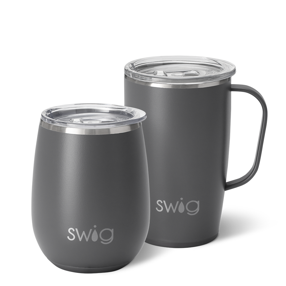 Swig Life Grey AM+PM Set including a 22oz Travel Mug and a 32oz Tumbler