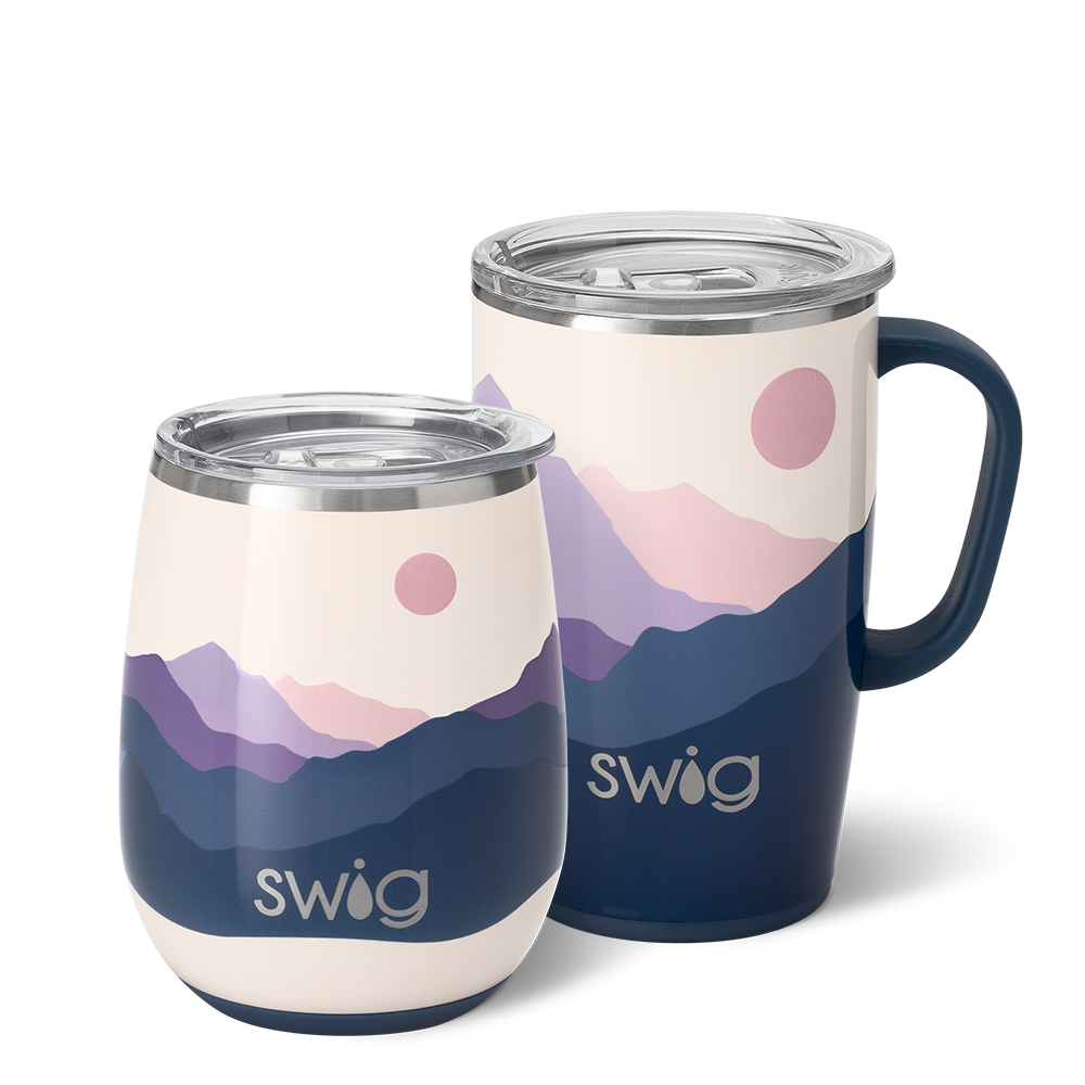 Swig Life Moon Shine AM+PM Set including a 14oz Moon Shine Stemless Wine Cup and an 18oz Moon Shine Travel Mug