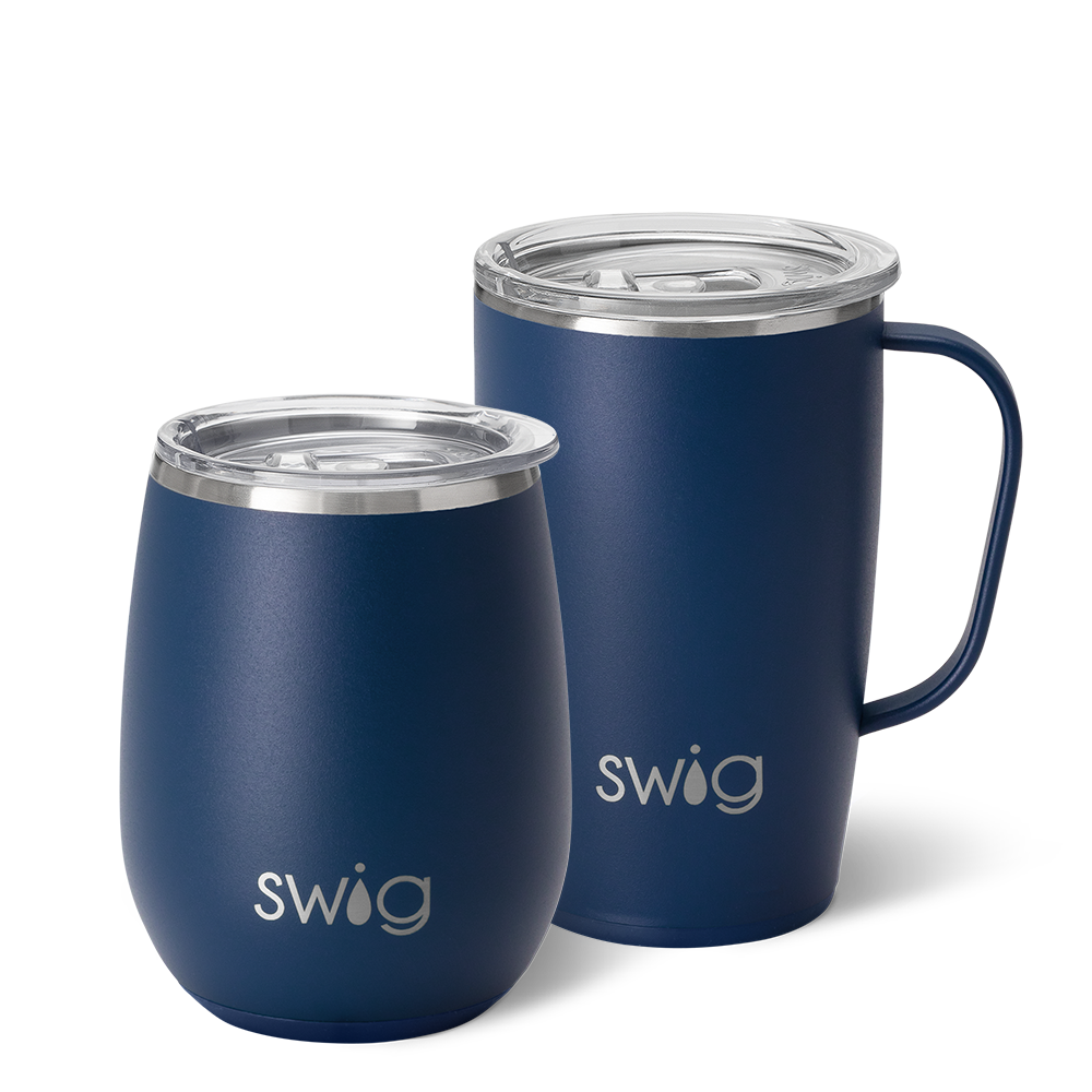 Swig Life Navy AM+PM Set including a 22oz Travel Mug and a 32oz Tumbler