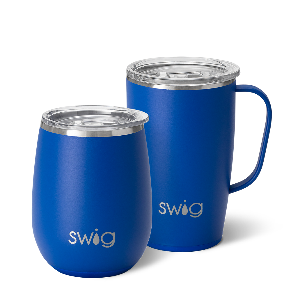 Swig Life Royal AM+PM Set including a 14oz Royal Stemless Wine Cup and an 18oz Royal Travel Mug