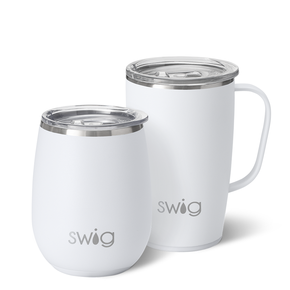 Swig Life White AM+PM Set including a 14oz White Stemless Wine Cup and an 18oz White Travel Mug