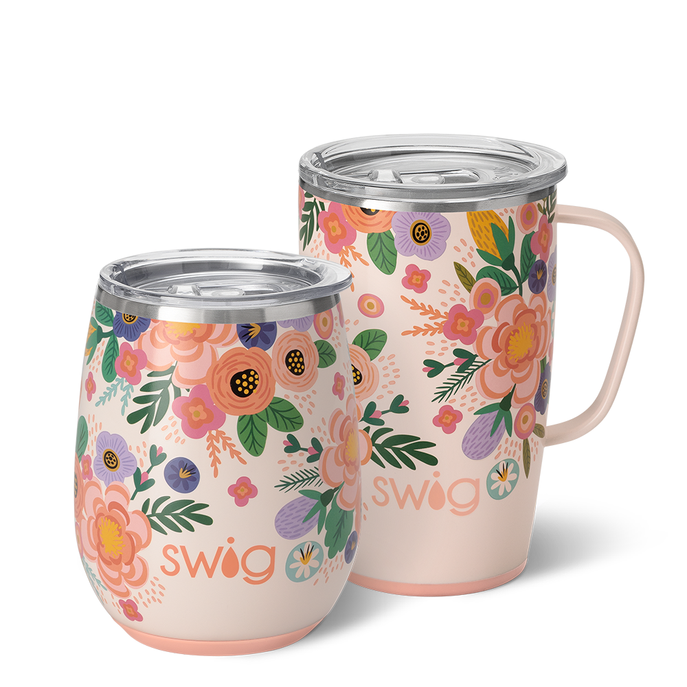 Swig Life Full Bloom AM + PM Set including a 14oz Full Bloom Stemless Wine Cup and an 18oz Full Bloom Travel Mug