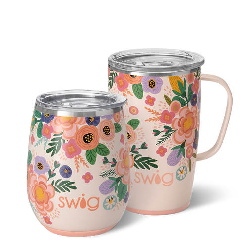Swig Life Full Bloom AM + PM Set including a 14oz Full Bloom Stemless Wine Cup and an 18oz Full Bloom Travel Mug