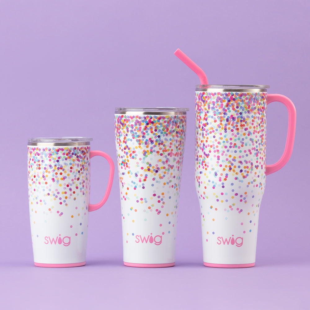 Swig Life Insulated Stainless Steel Confetti Drinkware collection on a purple background