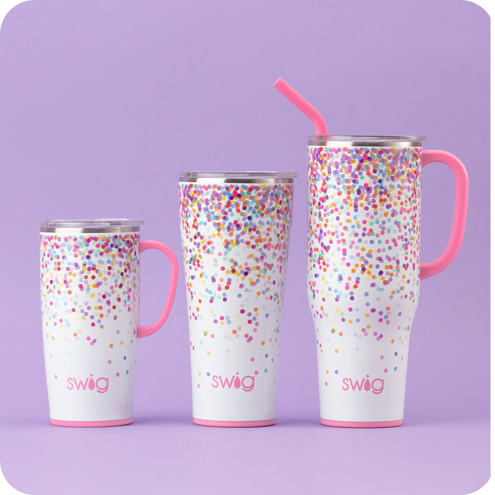 Swig Life Insulated Stainless Steel Confetti Drinkware collection on a purple background