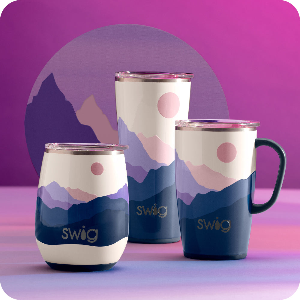 Swig Life Insulated Moon Shine Drinkware collection on a purple moon background