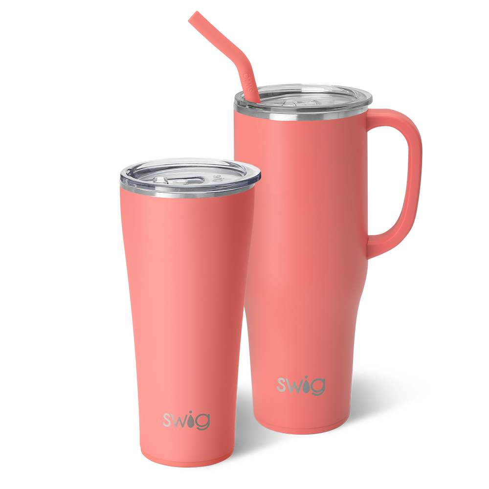Swig Life Coral Mega Set including a 32oz Coral Tumbler and a 40oz Coral Mega Mug