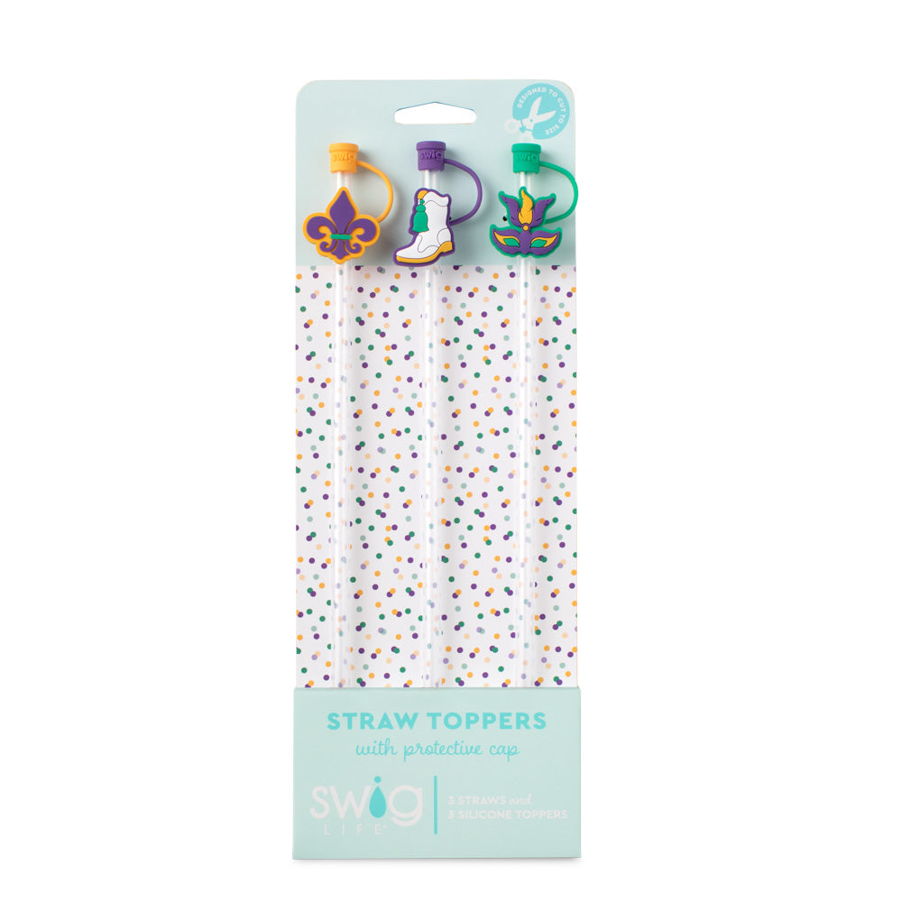 Swig Life Mardi Gras Straw Topper Set including three straws and three silicone toppers
