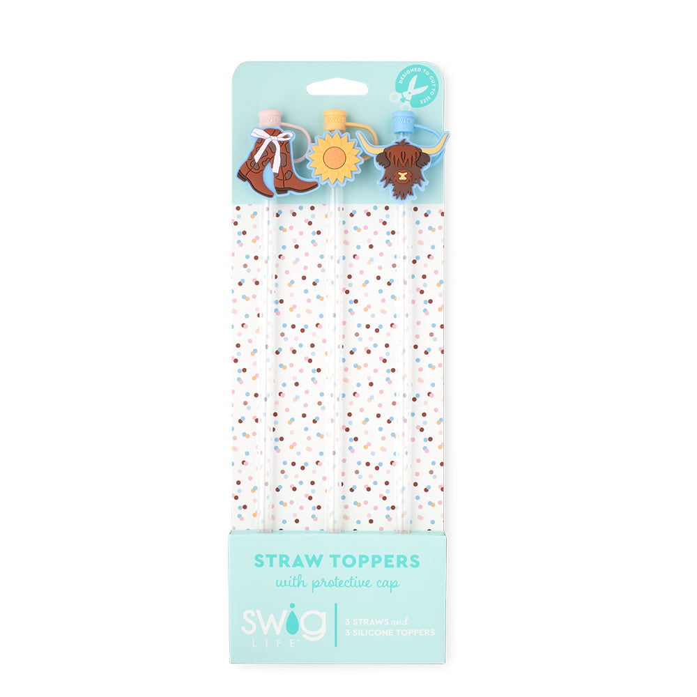 Swig Life Cowgirl Coquette Straw Topper Set including three straws and three silicone topper protective caps