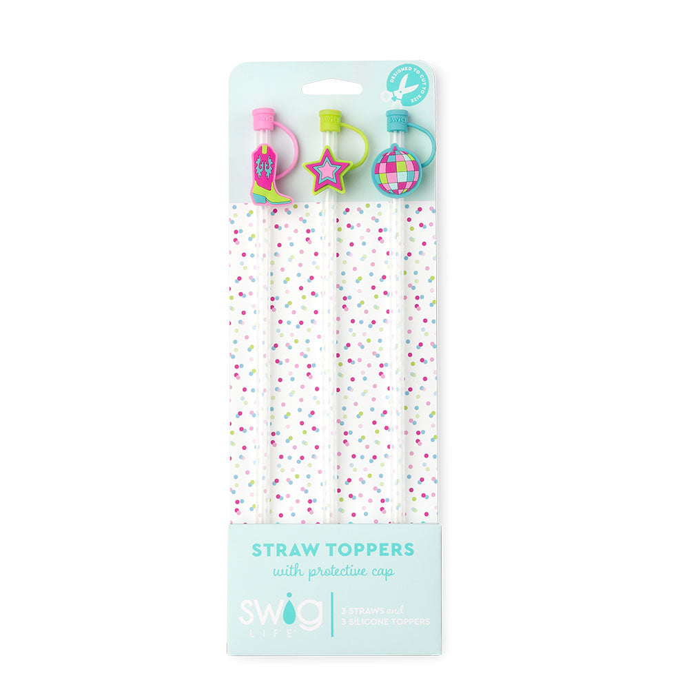 Swig Life Disco Cowgirl Straw Topper Set including three straws and three silicone topper protective caps