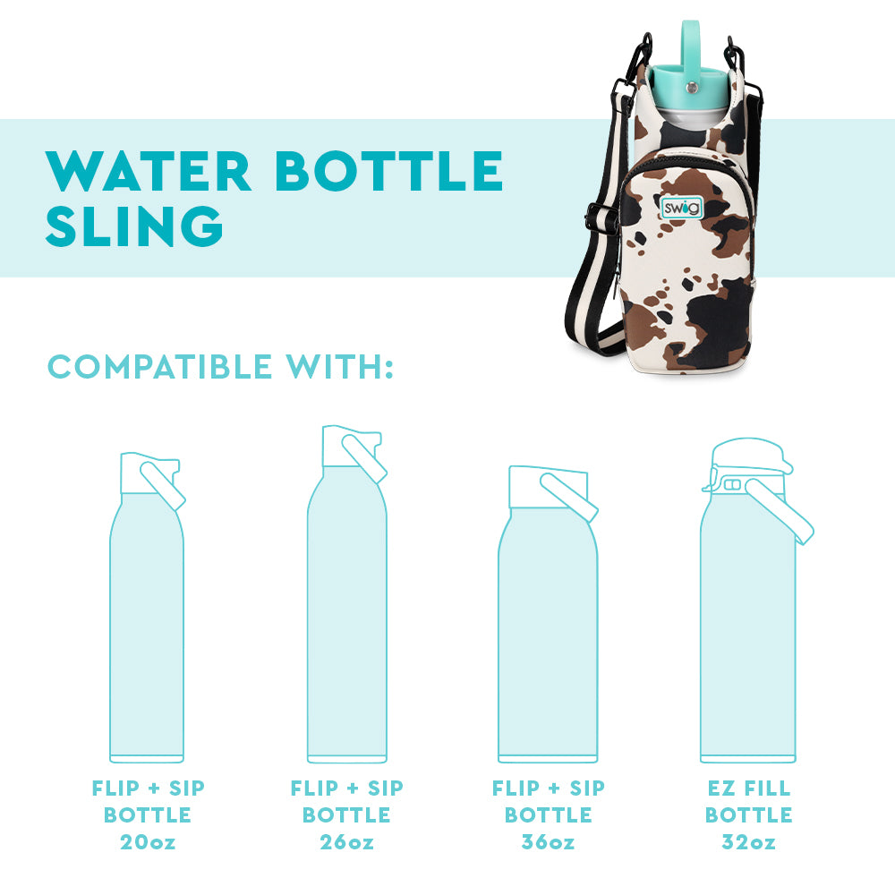 Swig Life Water Bottle Sling Fit Guide infographic showing compatible Flip + Sip Water Bottle sizes