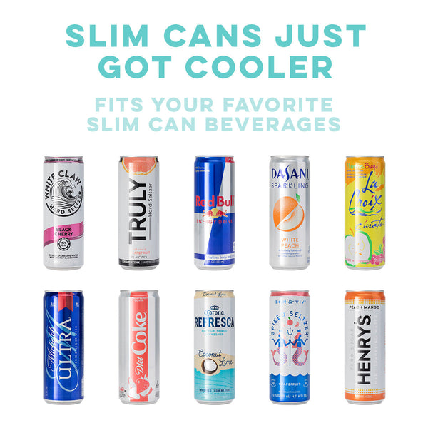Examples of slim cans that fit in the Swig Life 12oz Confetti Skinny Can Cooler - Fits your favorite slim can beverages