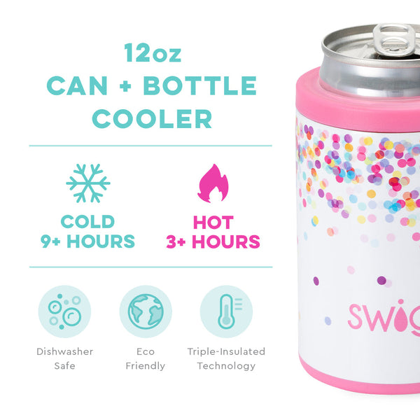 Swig Life 12oz Confetti Can + Bottle Cooler temperature infographic - cold 9+ hours and hot 3+ hours