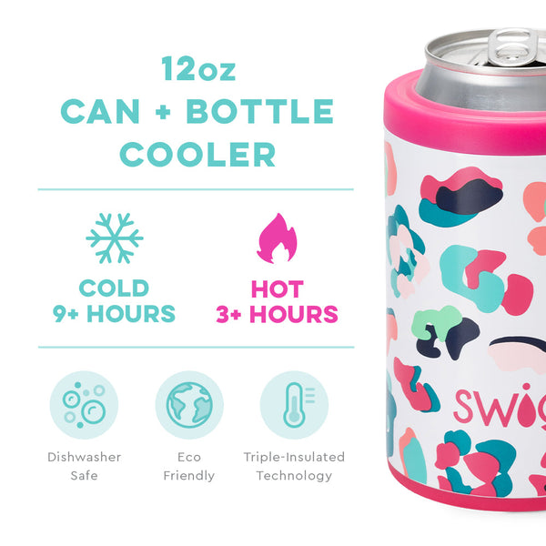 Swig Life 12oz Party Animal Can + Bottle Cooler temperature infographic - cold 9+ hours and hot 3+ hours