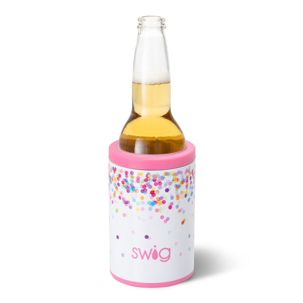 Swig Life 12oz Confetti Insulated Can + Bottle Cooler shown with a bottle inside