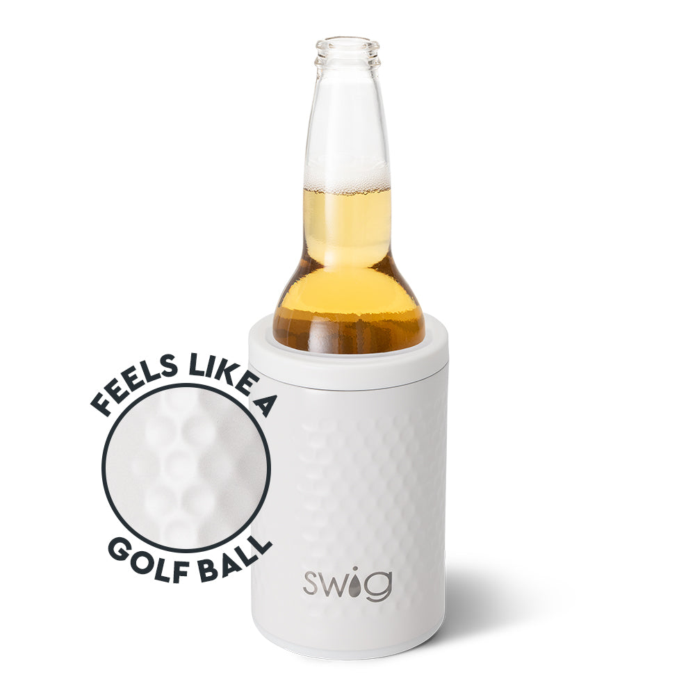Swig Life 12oz Golf Partee Insulated Can + Bottle Cooler shown with a bottle inside