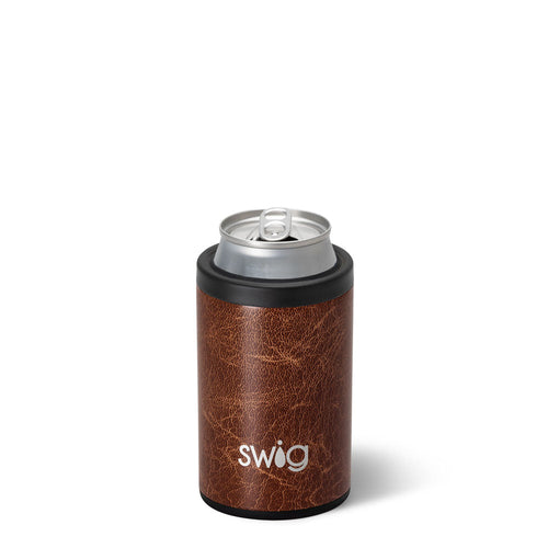 Swig Life 12oz Leather Insulated Can + Bottle Cooler shown with a can inside