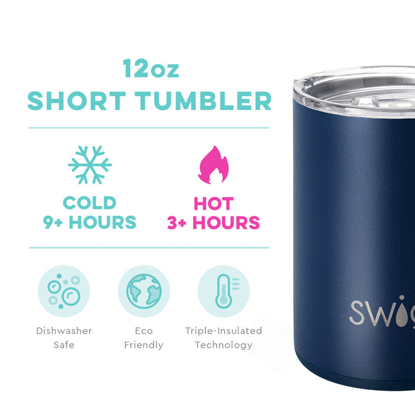 Swig Life 12oz Navy Short Tumbler temperature infographic - cold 9+ hours or hot 3+ hours