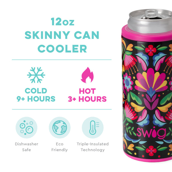 Swig Life 12oz Caliente Skinny Can Cooler temperature infographic - cold 9+ hours or hot 3+ hours
