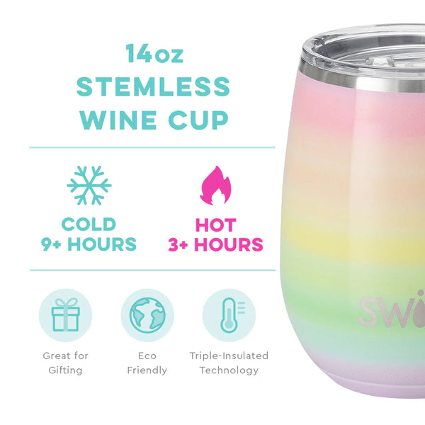 Swig Life 14oz Over the Rainbow Stemless Wine Cup temperature infographic - cold 9+ hours or hot 3+ hours