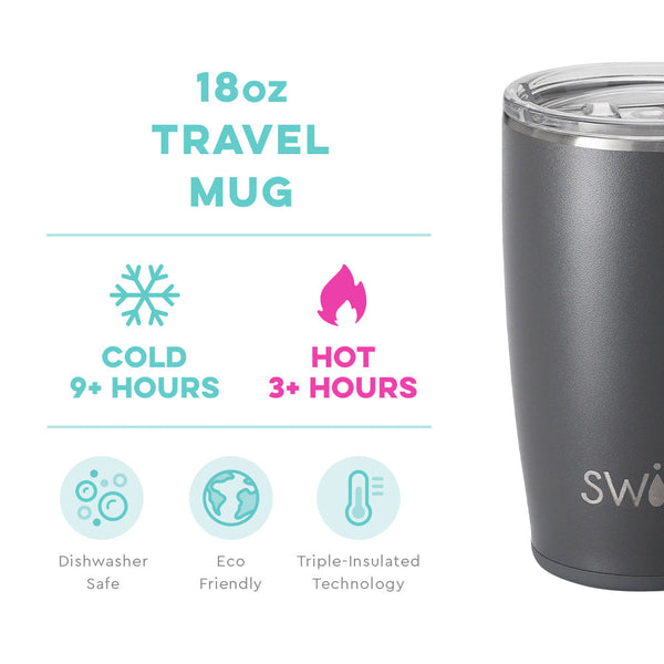 Swig Life 18oz Grey Travel Mug temperature infographic - cold 9+ hours or hot 3+ hours