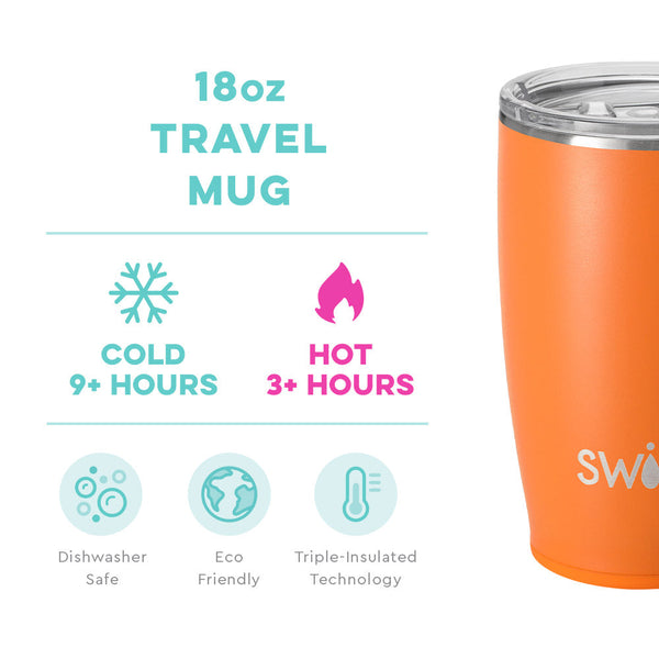 Swig Life 18oz Orange Travel Mug temperature infographic - cold 9+ hours or hot 3+ hours