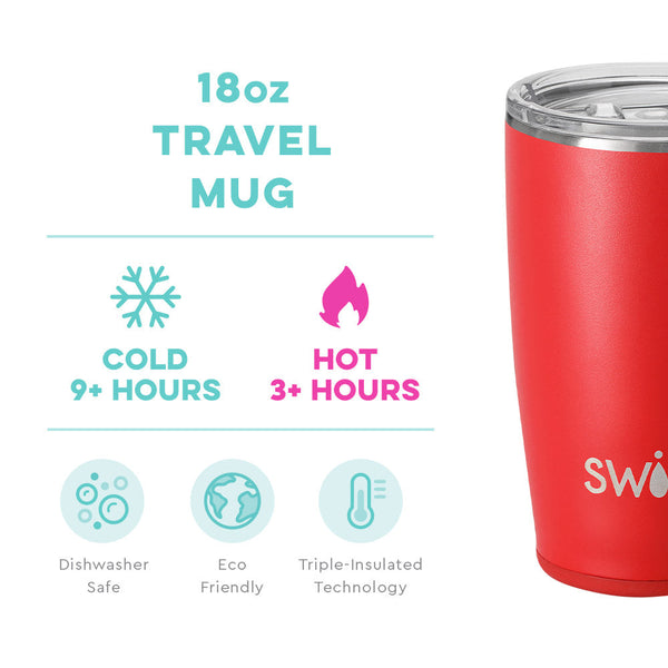 Swig Life 18oz Red Travel Mug temperature infographic - cold 9+ hours or hot 3+ hours