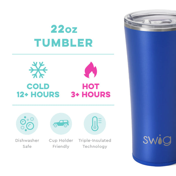 Swig Life 22oz Royal Tumbler temperature infographic - cold 12+ hours or hot 3+ hours