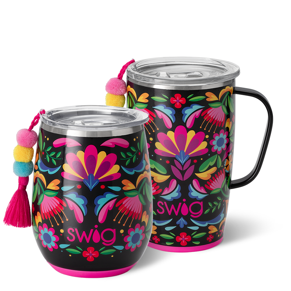 Swig Life Caliente AM+PM Set including a 14oz Caliente Stemless Wine Cup and an 18oz Caliente Travel Mug