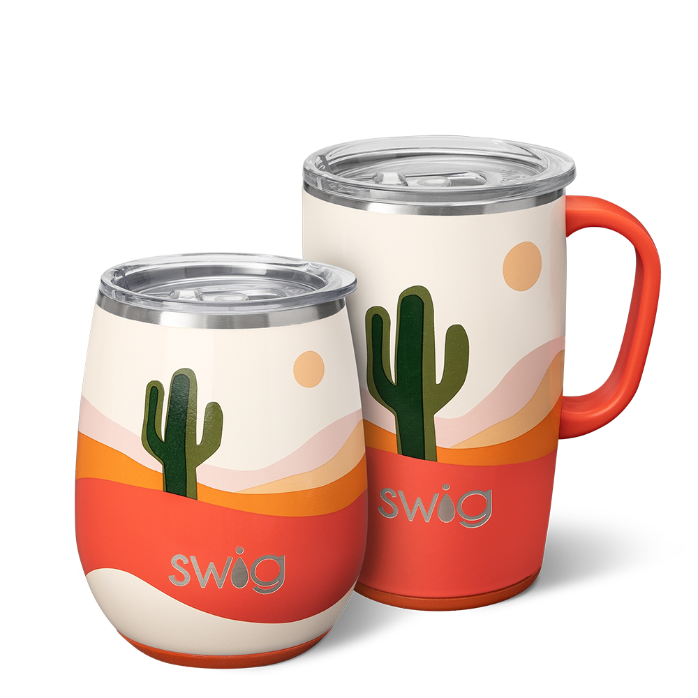 Swig Life Boho Desert AM+PM Set including a 14oz Boho Desert Stemless Wine Cup and an 18oz Boho Desert Travel Mug