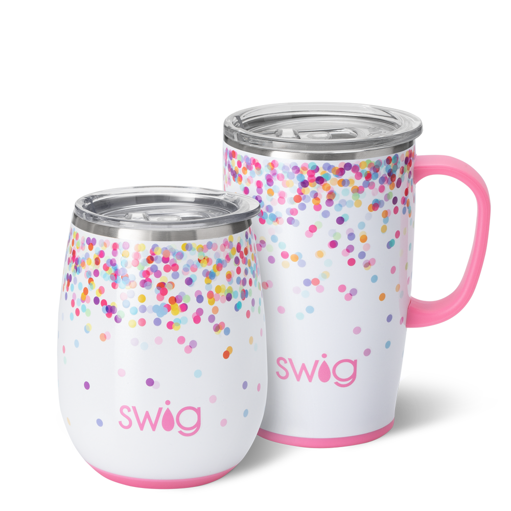 Swig Life Confetti AM+PM Set including a 14oz Confetti Stemless Wine Cup and an 18oz Confetti Travel Mug