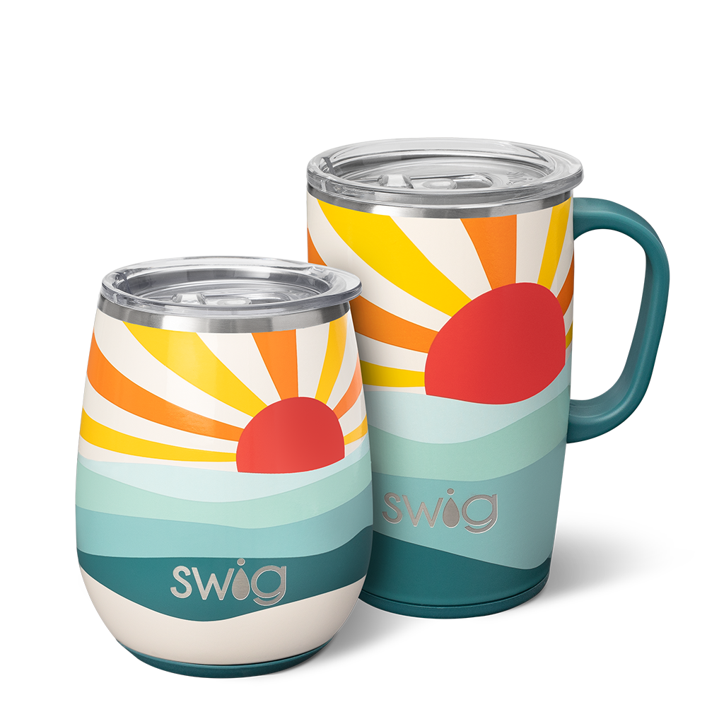 Swig Life Sun Dance AM+PM Set including a 14oz Sun Dance Stemless Wine Cup and an 18oz Sun Dance Travel Mug