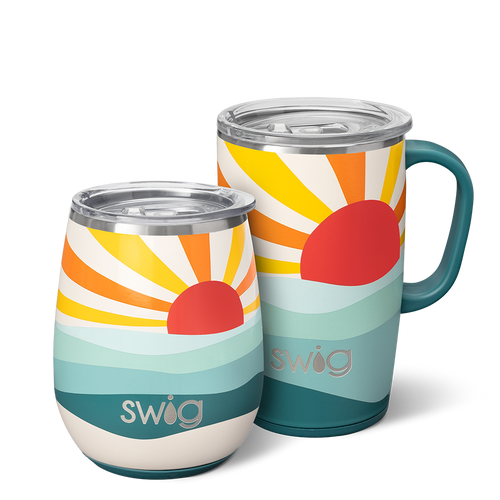 Swig Life Sun Dance AM+PM Set including a 14oz Sun Dance Stemless Wine Cup and an 18oz Sun Dance Travel Mug