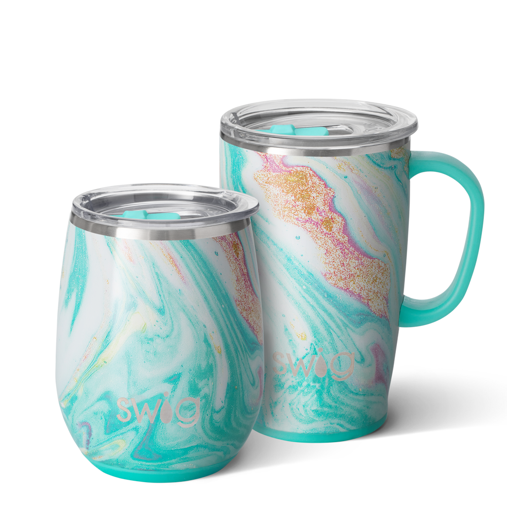 Swig Life Wanderlust AM+PM Set including a 14oz Razzleberry Stemless Wine Cup and an 18oz Razzleberry Travel Mug