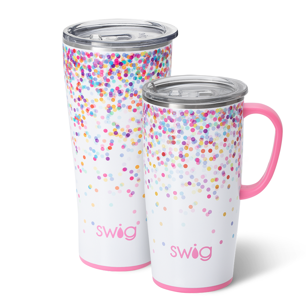 Swig Life Confetti XL Set including a 22oz Travel Mug and a 32oz Tumbler in front of a red paper fan