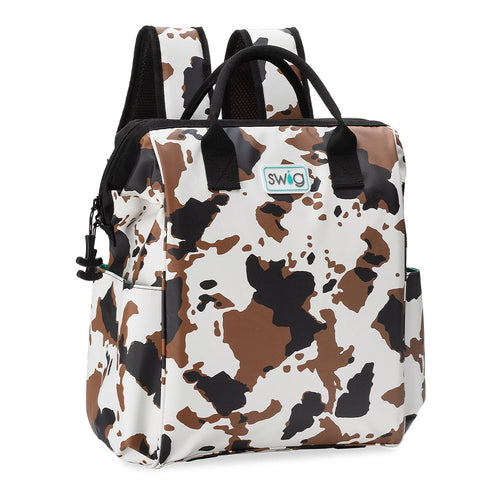 Swig Life Hayride Cow Print Insulated Packi Backpack Cooler with zipper enclosure, shoulder straps, and top handle