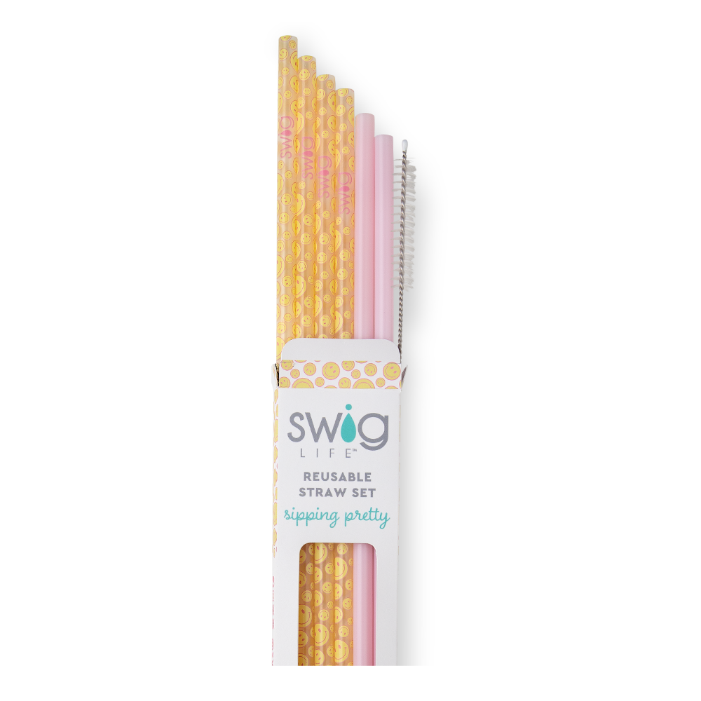 Swig Life Oh Happy Day + Pink Reusable Straw Set with six straws and cleaning brush