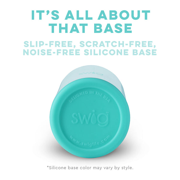 Swig Life Built-in Silicone Coaster Base infographic shown in Aqua - slip-free, scratch-free, noise-free 