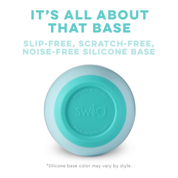 Swig Life Built-in Silicone Coaster Base infographic shown in Aqua - slip-free, scratch-free, noise-free 