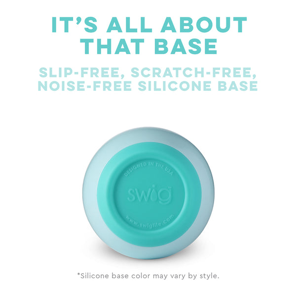 Swig Life Built-in Silicone Coaster Base infographic shown in Aqua - slip-free, scratch-free, noise-free 