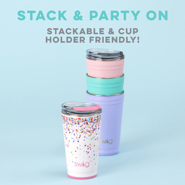Swig Life 24oz Party Cup infographic - stackable & cup-holder friendly features