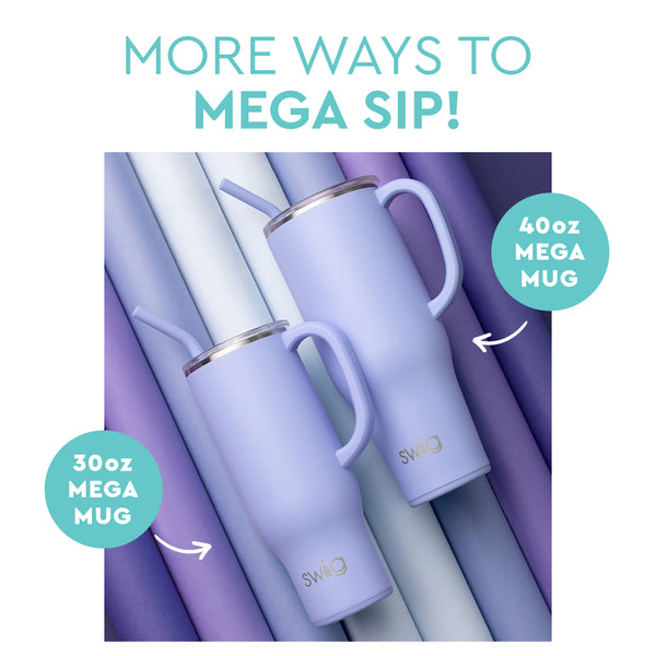 Infographic showing the size difference of the Swig Life 30oz Mega Mug compared to the 40oz Mega Mug