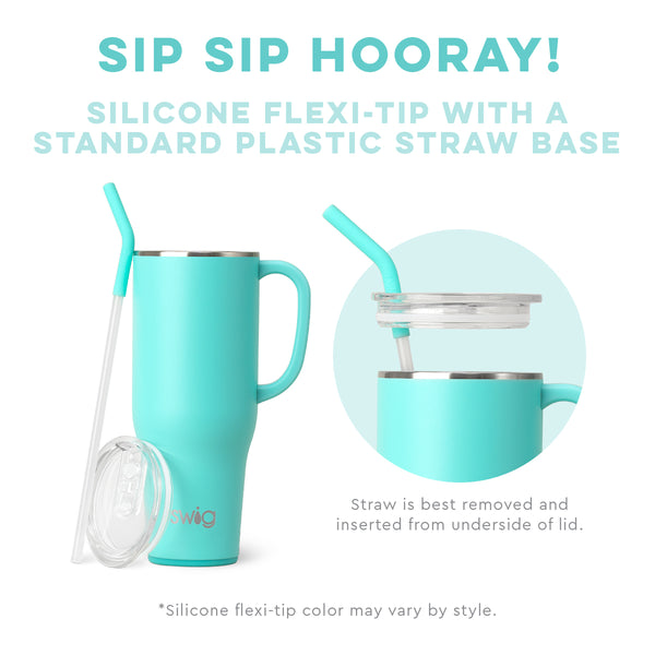 Swig Life Built-in Silicone Coaster Base infographic shown in Aqua - slip-free, scratch-free, noise-free 