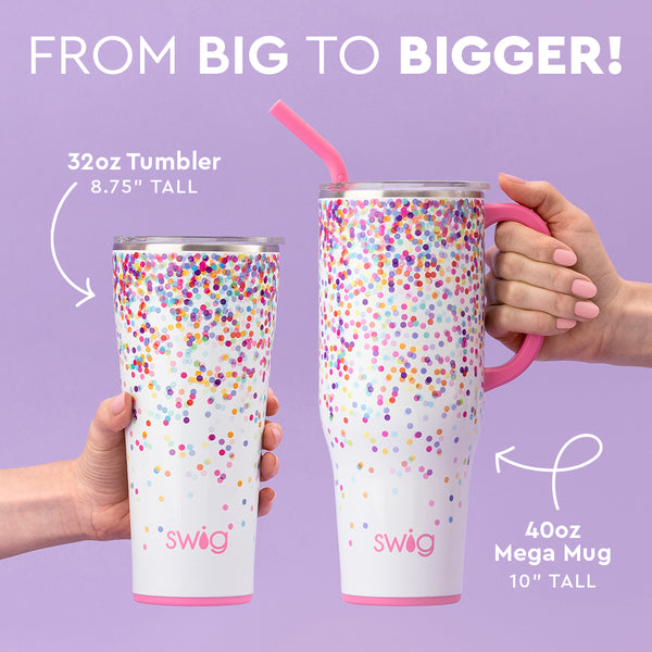 Infographic showing the size difference of the Swig Life 32oz Confetti Tumbler compared to the 40oz Confetti Mega Mug
