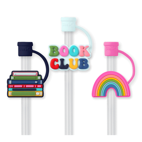 Swig Life Book Club Straw Topper Set Animation showing silicone caps coming on and off of straws