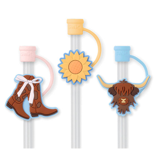Swig Life Cowgirl Coquette Straw Topper Set Animation showing silicone caps coming on and off of straws