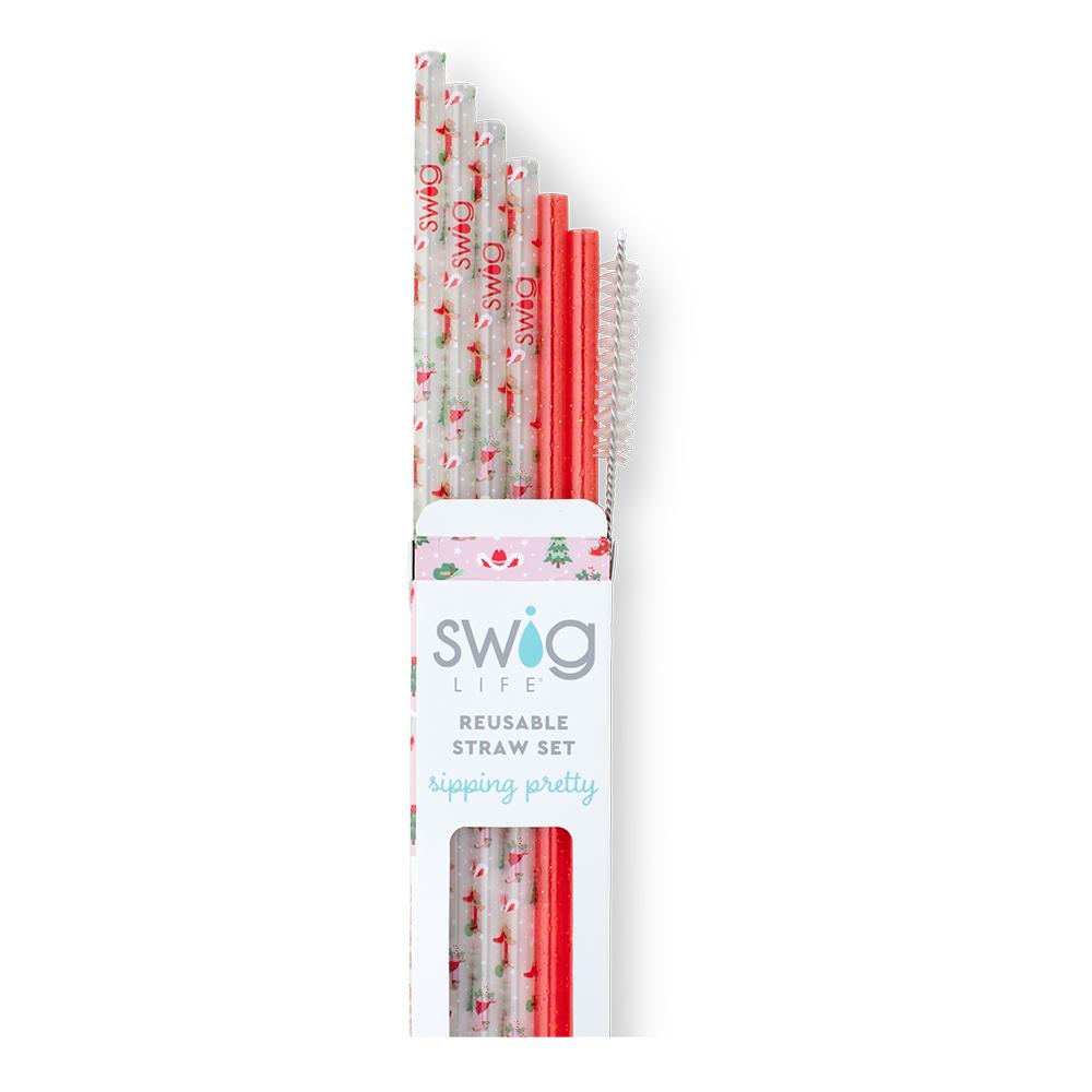 Swig Life Howdy Holidays + Red Glitter Reusable Straw Set with six straws and cleaning brush - Swig Life