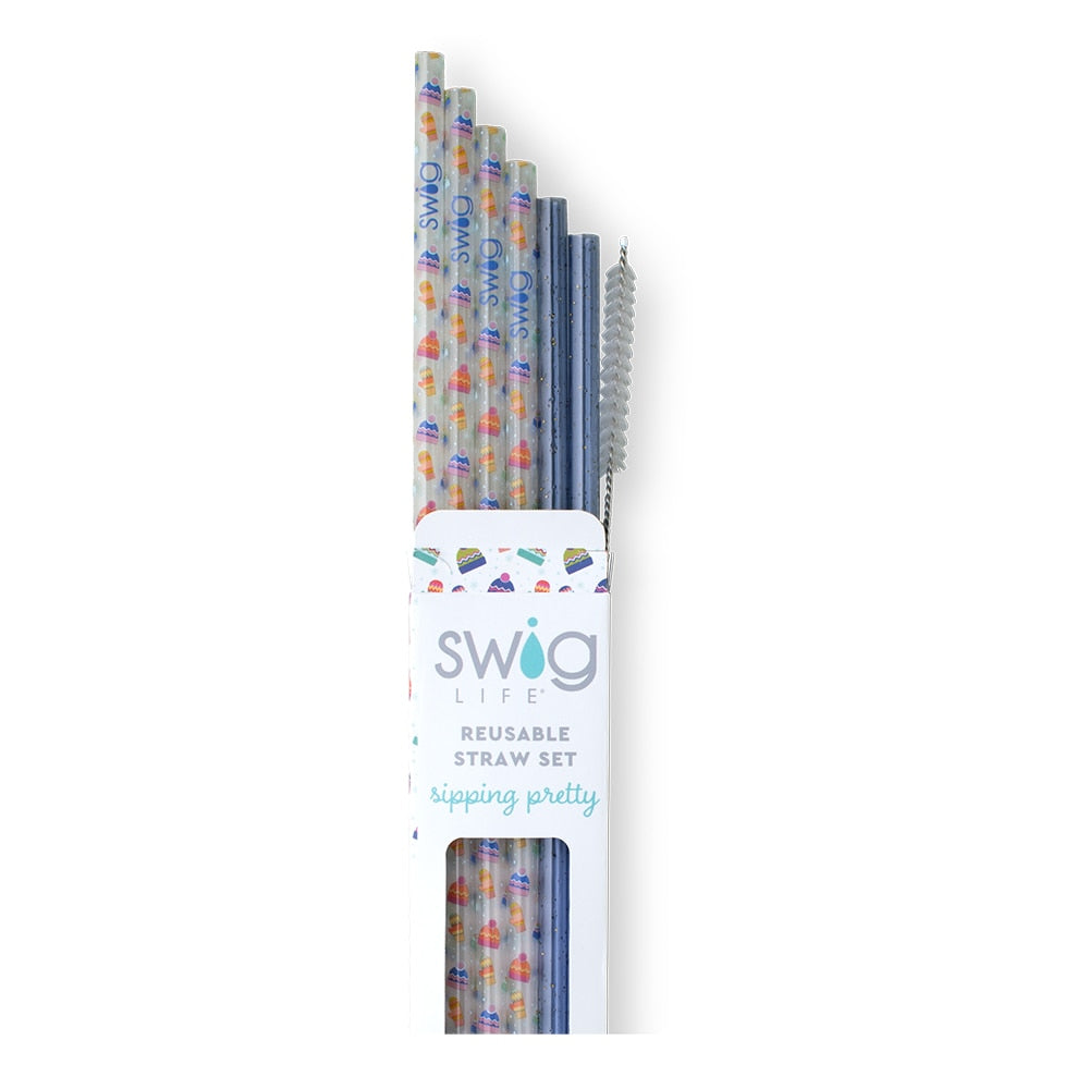 Swig Life Snow Day + Blue Glitter Reusable Straw Set with six straws and cleaning brush - Swig Life